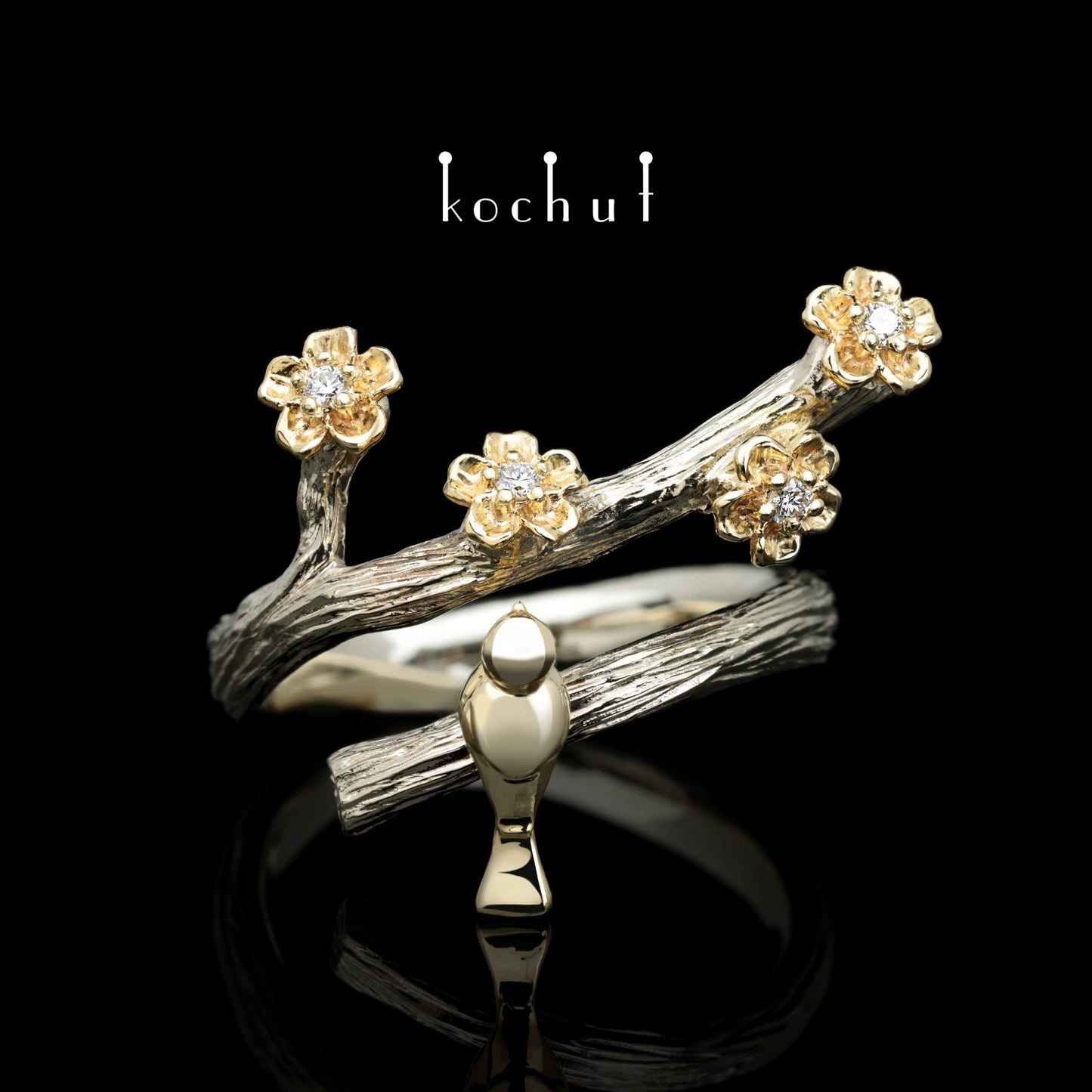 Vögelchen und Blumen — Ring aus Weißgold 14K und Gelbgold 14K mit Diamanten