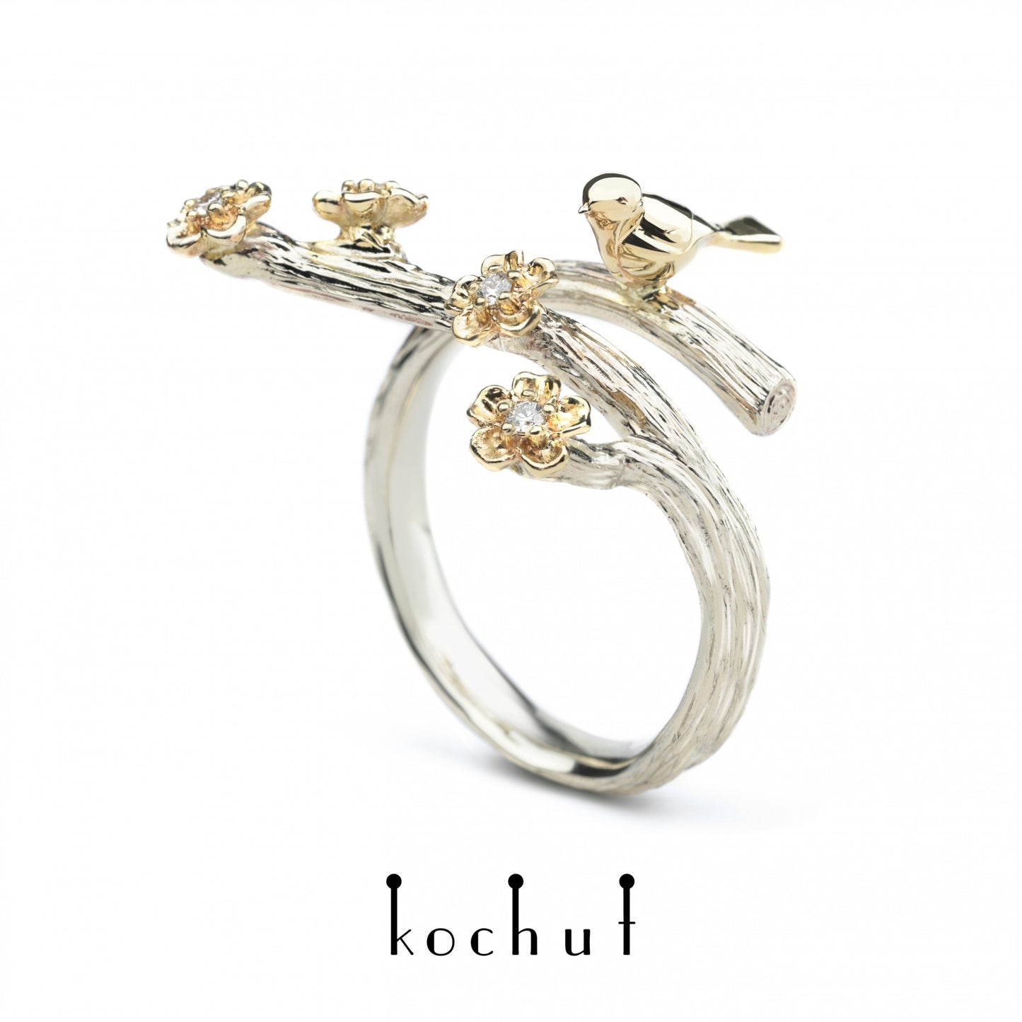 Vögelchen und Blumen — Ring aus Weißgold 14K und Gelbgold 14K mit Diamanten