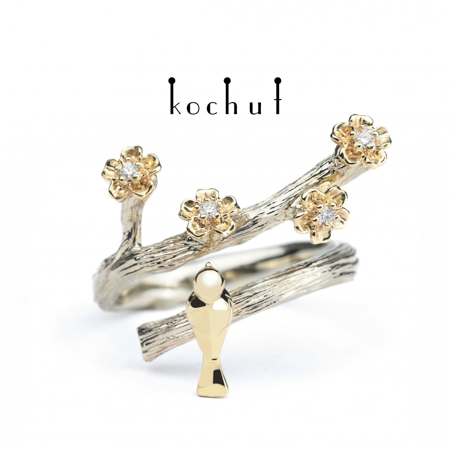 Vögelchen und Blumen — Ring aus Weißgold 14K und Gelbgold 14K mit Diamanten