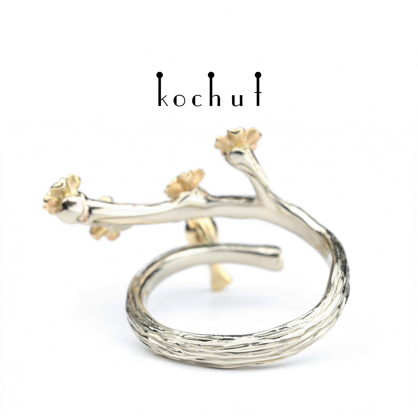Vögelchen und Blumen — Ring aus Weißgold 14K und Gelbgold 14K mit Diamanten