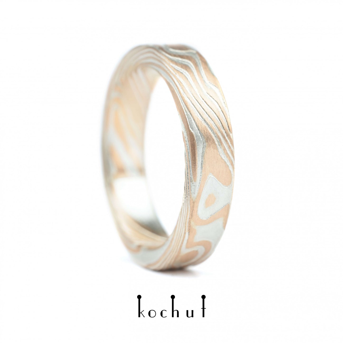 Kanso – Mokume-Ehering aus geätztem Silber und Rotgold