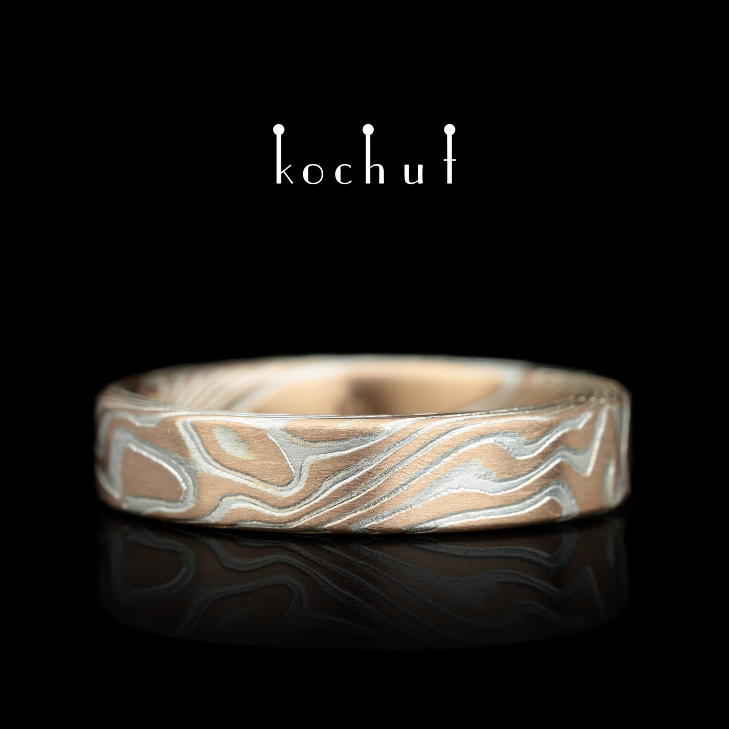 Kanso – Mokume-Ehering aus geätztem Silber und Rotgold