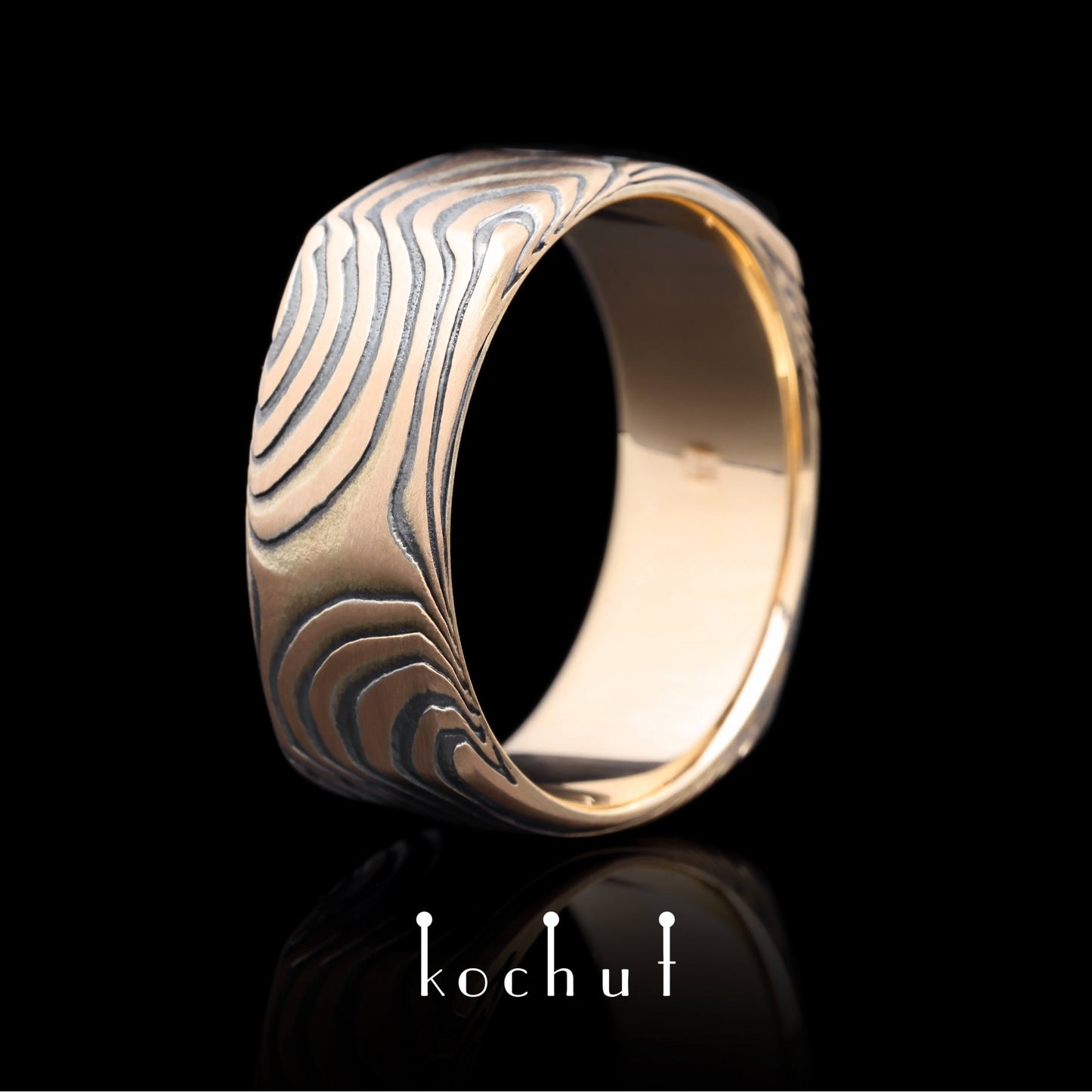 Tenno – Mokume-Ring aus Rotgold, geätztem und oxidiertem Silber