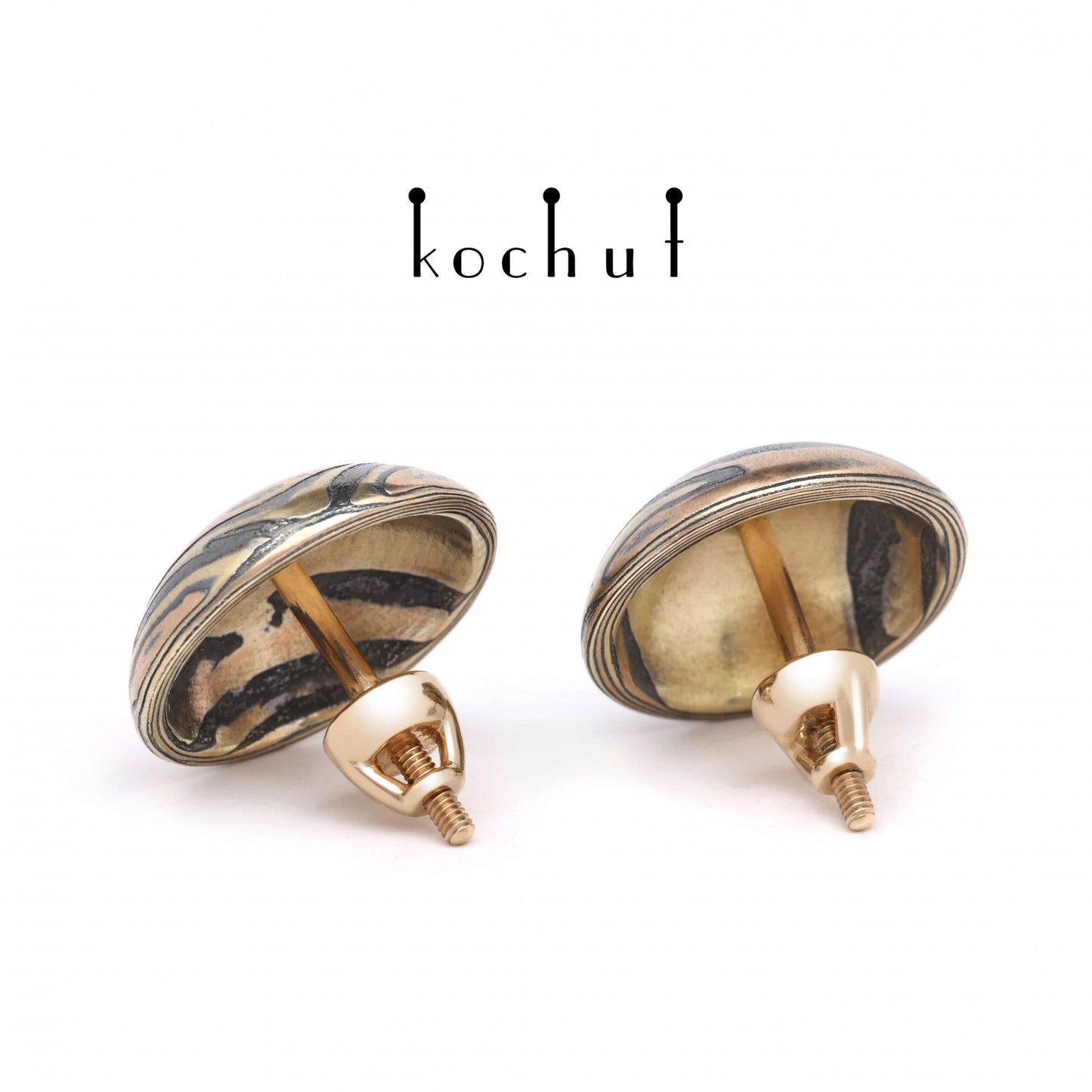 Whirlwind – Ohrringe aus Gelbgold, Rotgold sowie geätztem und oxidiertem Silber.