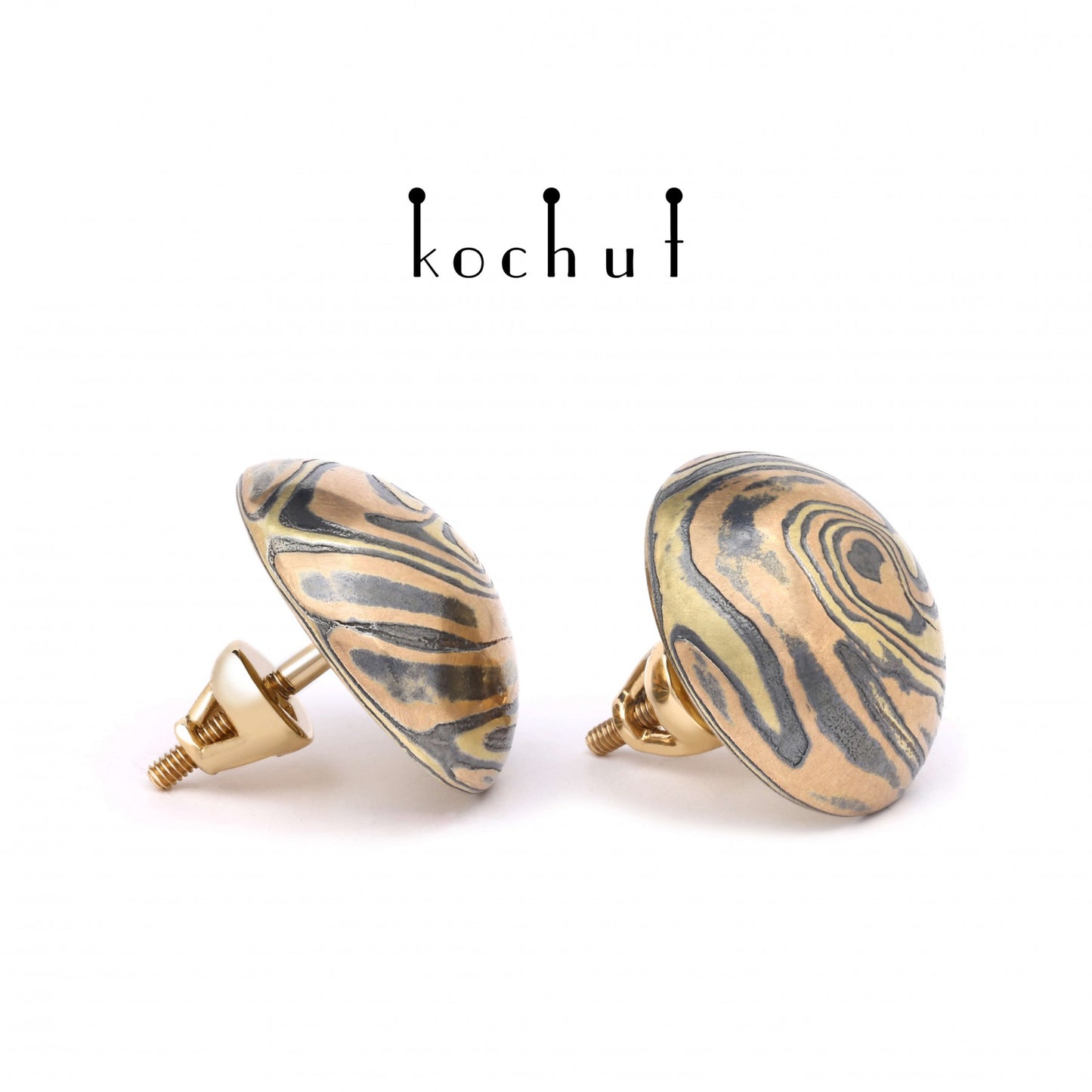 Whirlwind – Ohrringe aus Gelbgold, Rotgold sowie geätztem und oxidiertem Silber.
