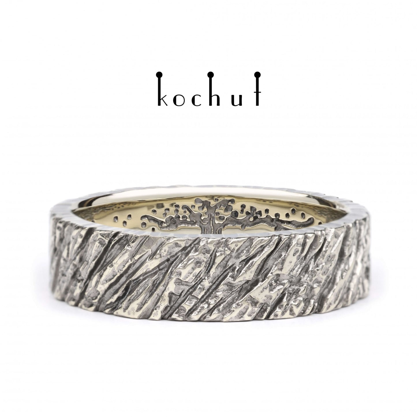 Baum des Lebens: Eschenrinde - Ehering aus Weißgold mit schwarzem Rhodium überzogen
