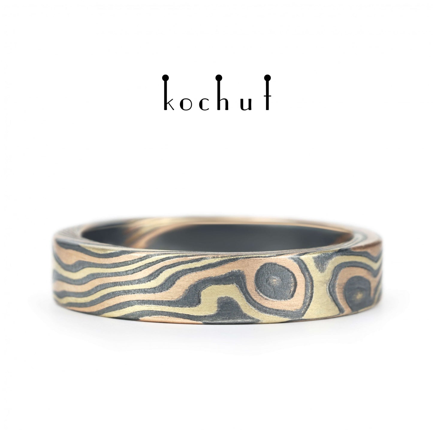 Kanso – Mokume-Ehering aus Rot- und Gelbgold sowie geätztem und oxidiertem Silber