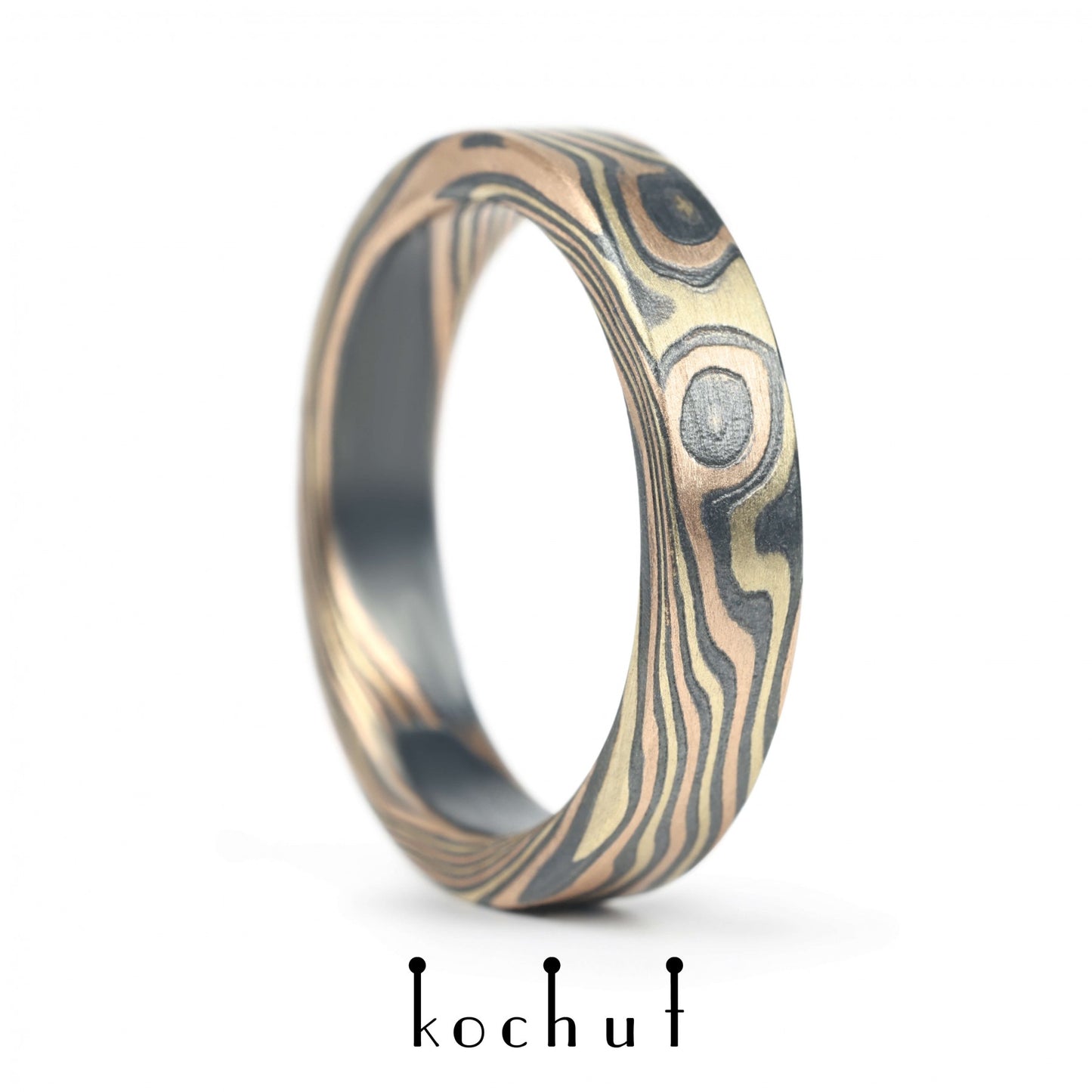 Kanso – Mokume-Ehering aus Rot- und Gelbgold sowie geätztem und oxidiertem Silber