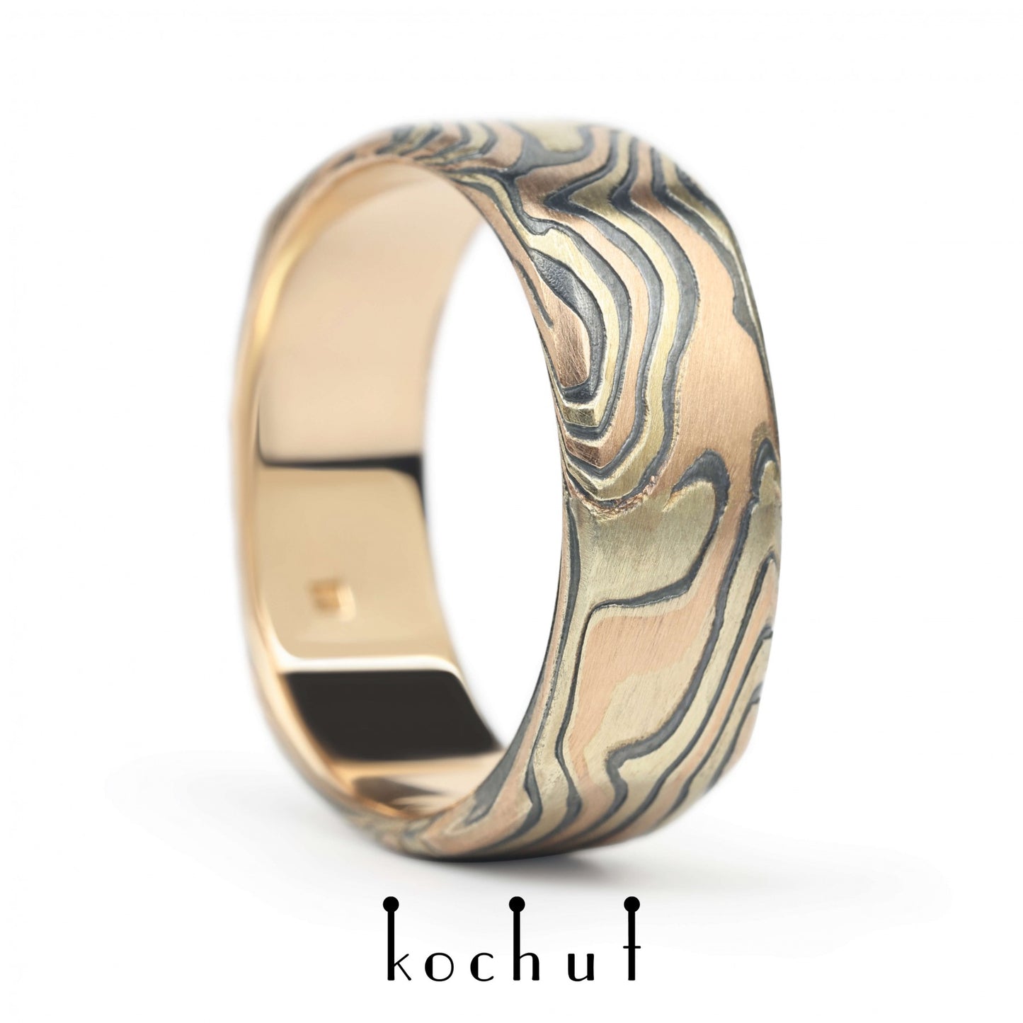 Tenno – Mokume-Ring aus Rotgold, Gelbgold, geätztem und oxidiertem Silber