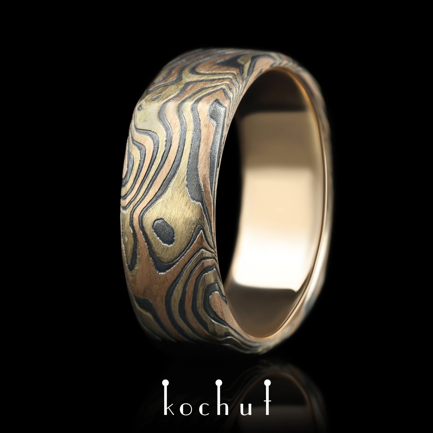 Tenno – Mokume-Ring aus Rotgold, Gelbgold, geätztem und oxidiertem Silber