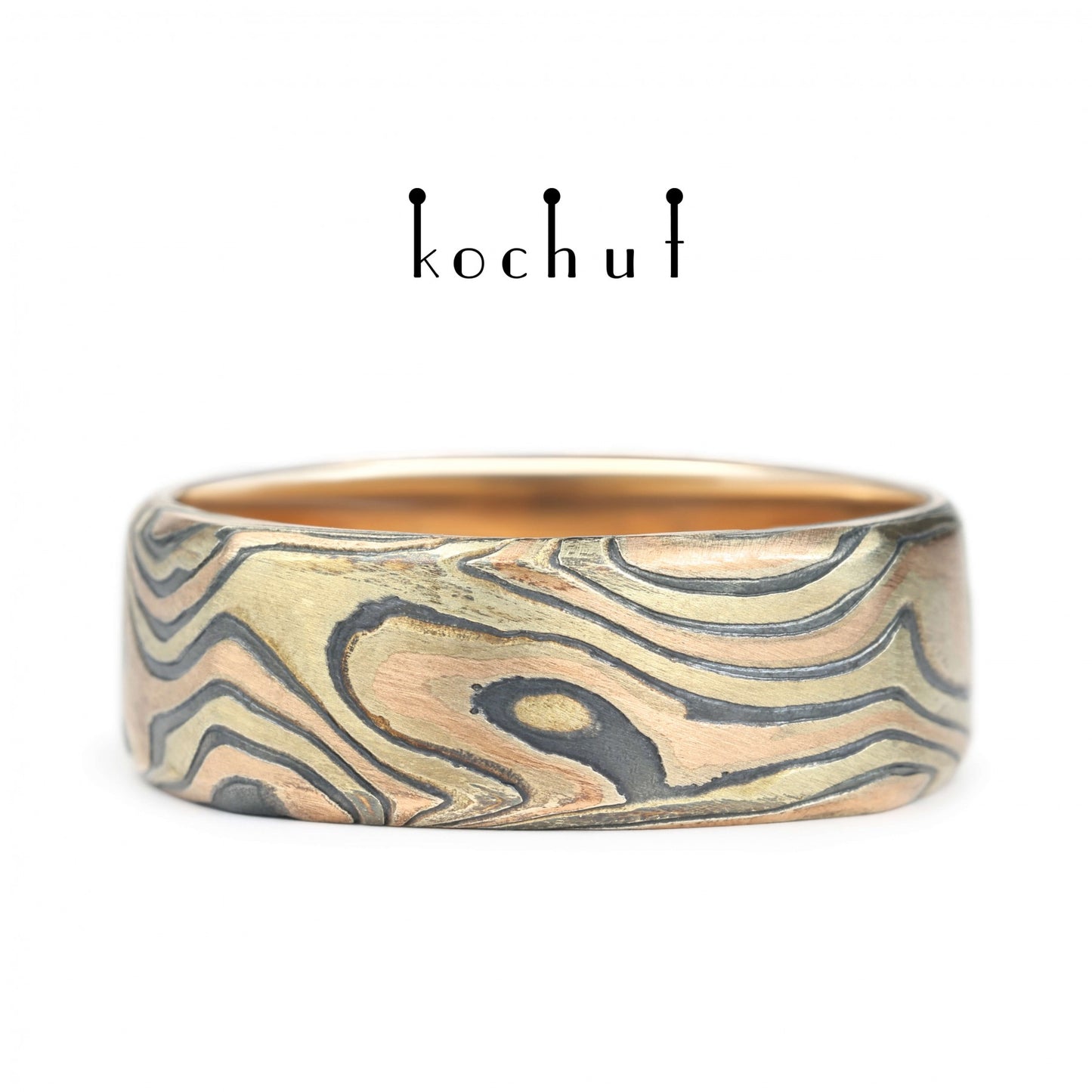 Tenno – Mokume-Ring aus Rotgold, Gelbgold, geätztem und oxidiertem Silber