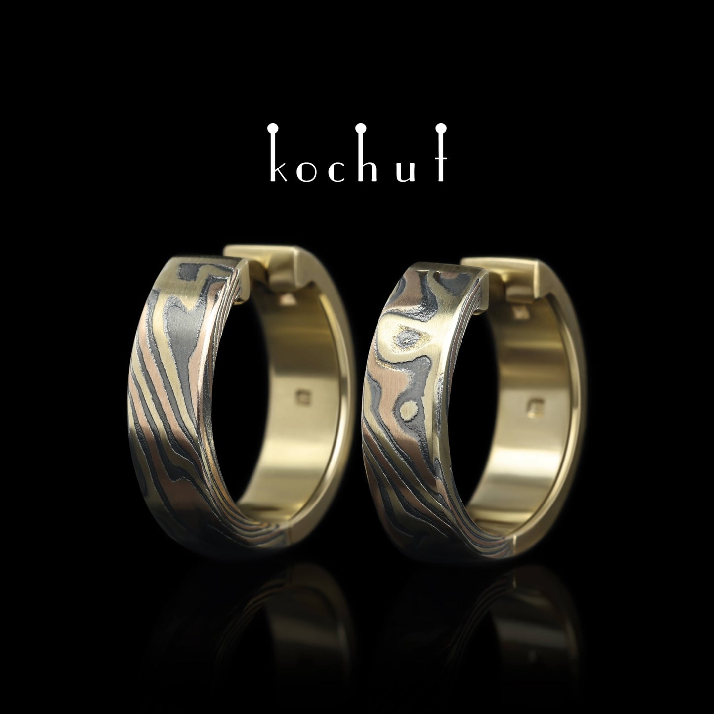 Yutori – Mokume-Ohrringe aus Rotgold, Gelbgold, geätztem und oxidiertem Silber.