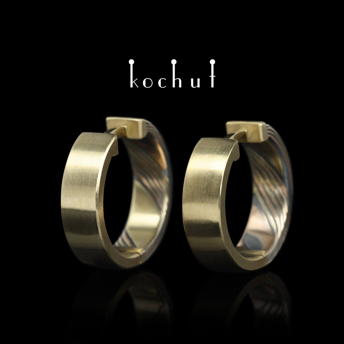 Yutori – Mokume-Ohrringe aus Rotgold, Gelbgold, geätztem und oxidiertem Silber.