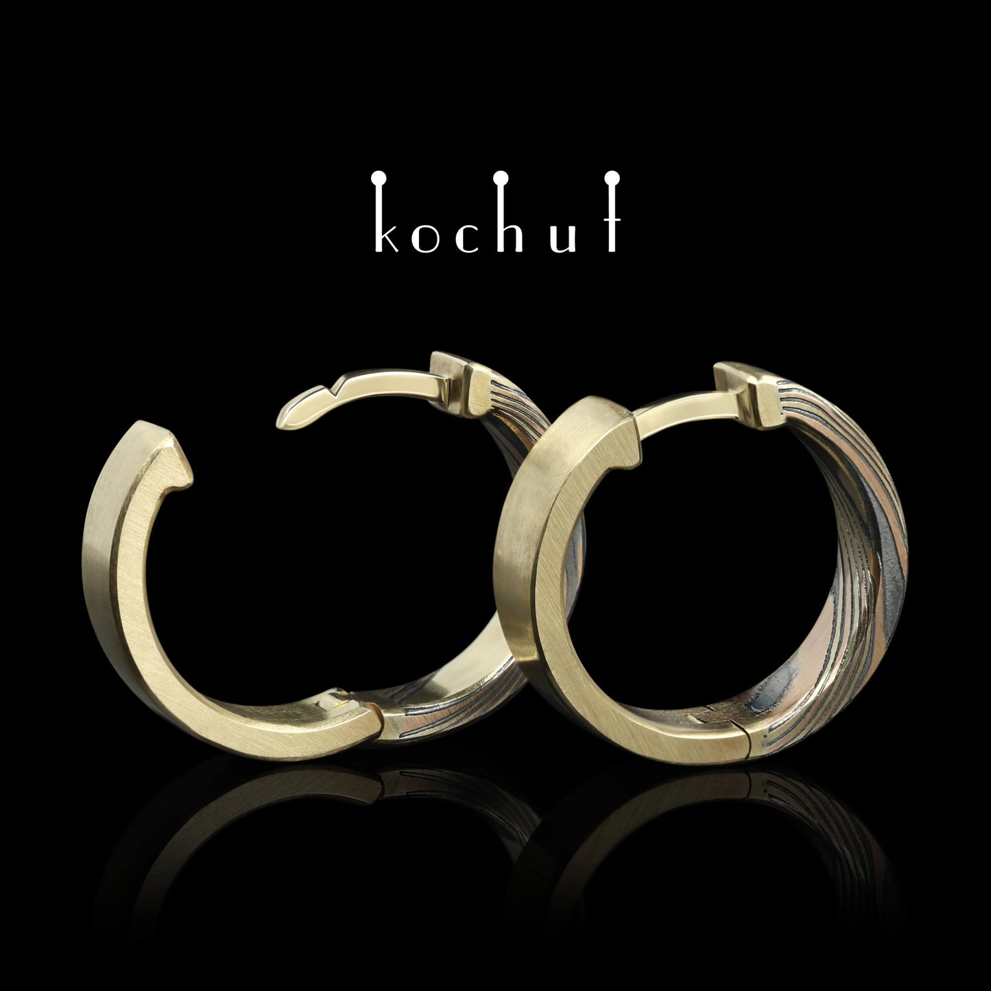 Yutori – Mokume-Ohrringe aus Rotgold, Gelbgold, geätztem und oxidiertem Silber.