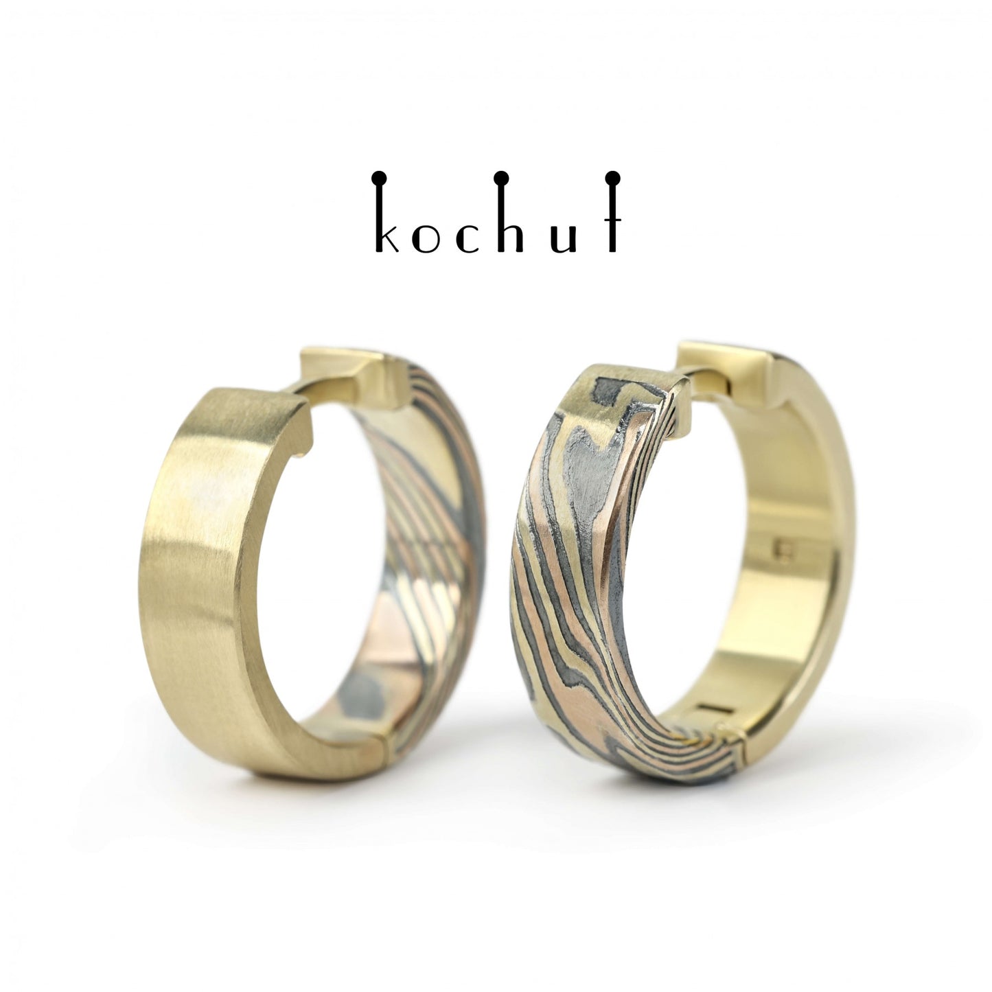 Yutori – Mokume-Ohrringe aus Rotgold, Gelbgold, geätztem und oxidiertem Silber.