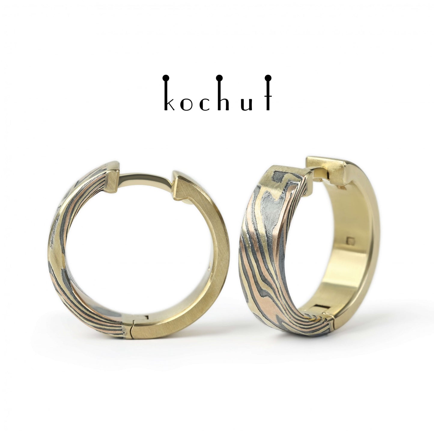 Yutori – Mokume-Ohrringe aus Rotgold, Gelbgold, geätztem und oxidiertem Silber.