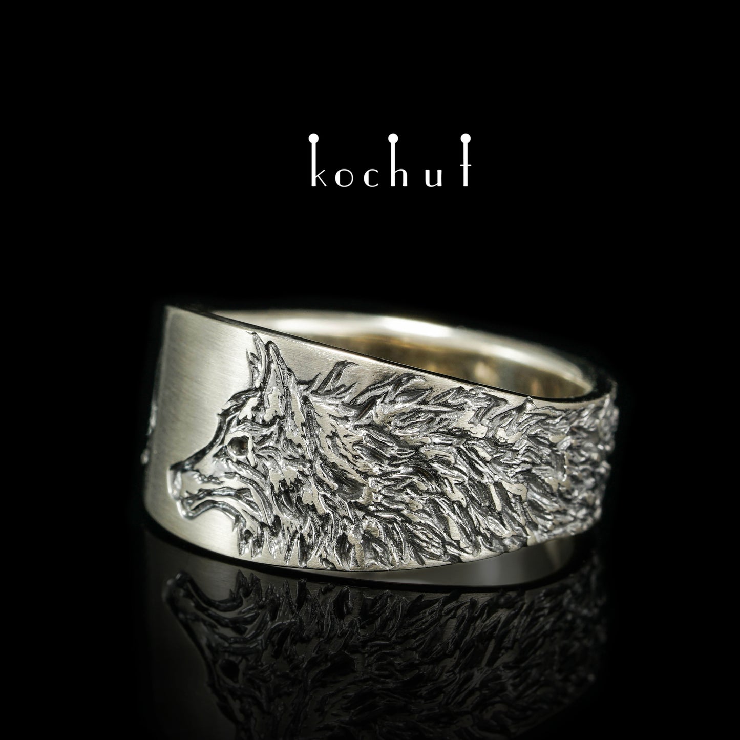 Dunkler Wolf — Weißgoldring mit schwarzem Rhodium