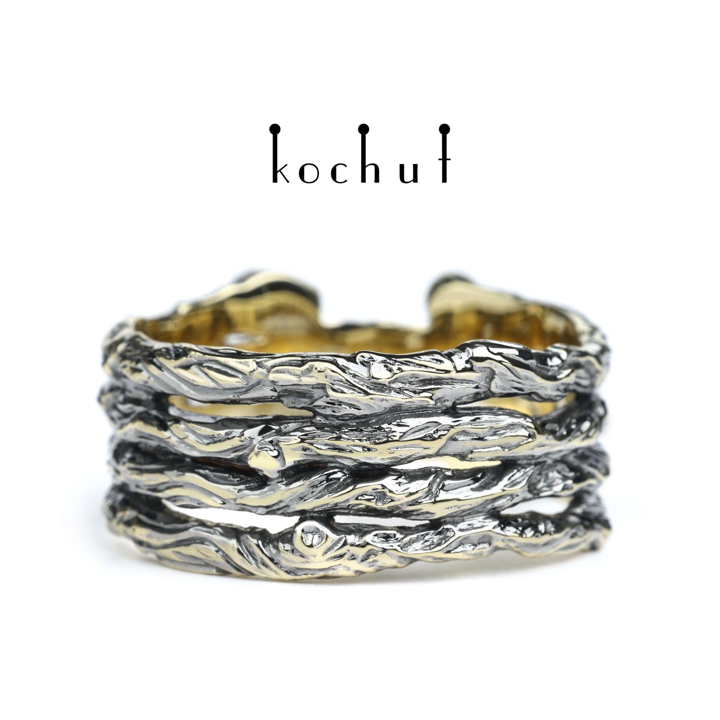 Breiter Zweig — Ring aus Gelbgold mit Diamanten, beschichtet mit schwarzem Rhodium