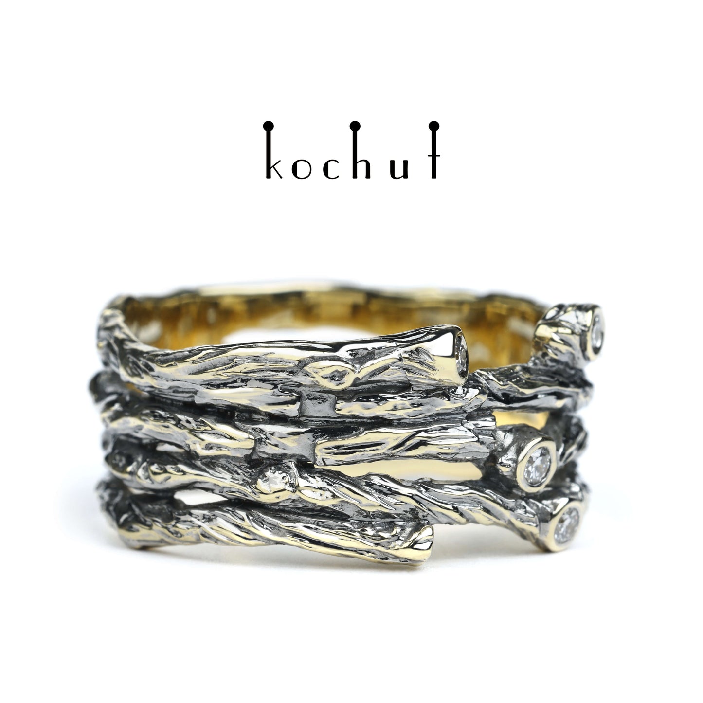 Breiter Zweig — Ring aus Gelbgold mit Diamanten, beschichtet mit schwarzem Rhodium