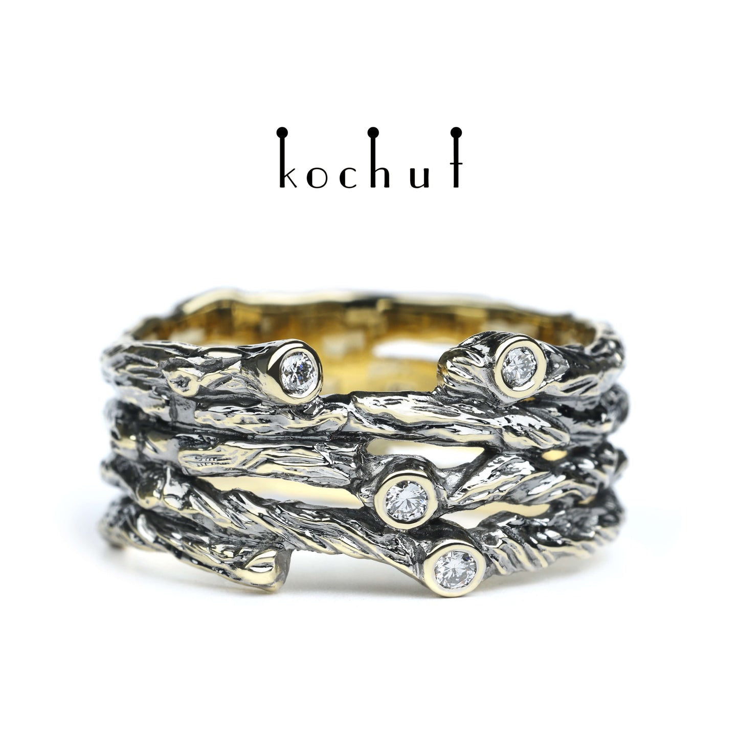 Breiter Zweig — Ring aus Gelbgold mit Diamanten, beschichtet mit schwarzem Rhodium