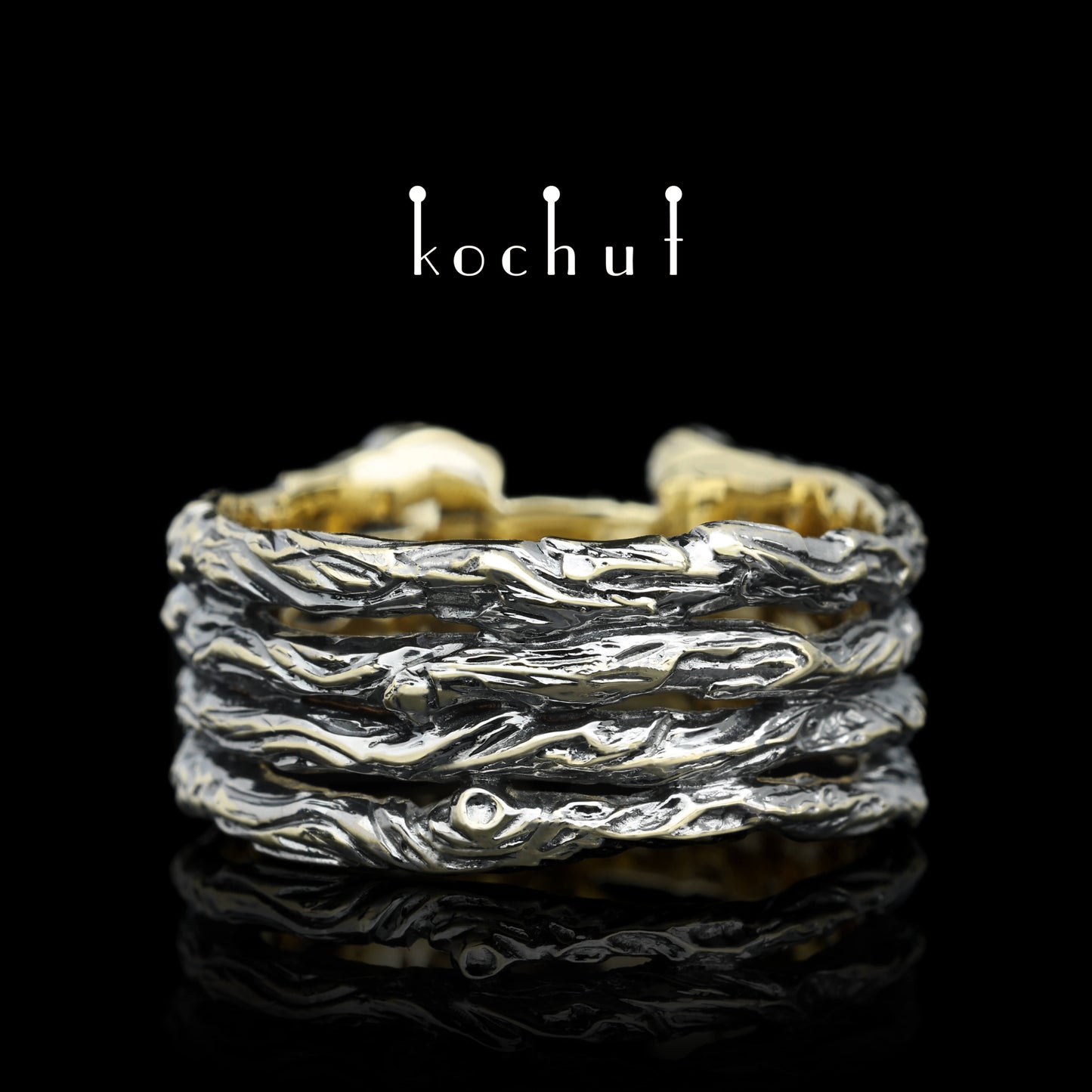 Breiter Zweig — Ring aus Gelbgold mit Diamanten, beschichtet mit schwarzem Rhodium