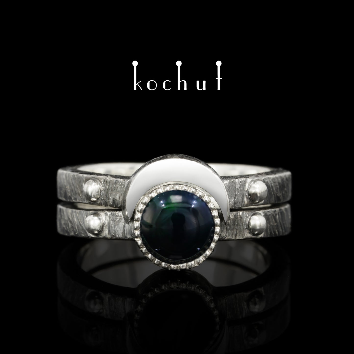 Mond-Duett — doppelter Ring aus oxidiertem Silber mit schwarzem Opal