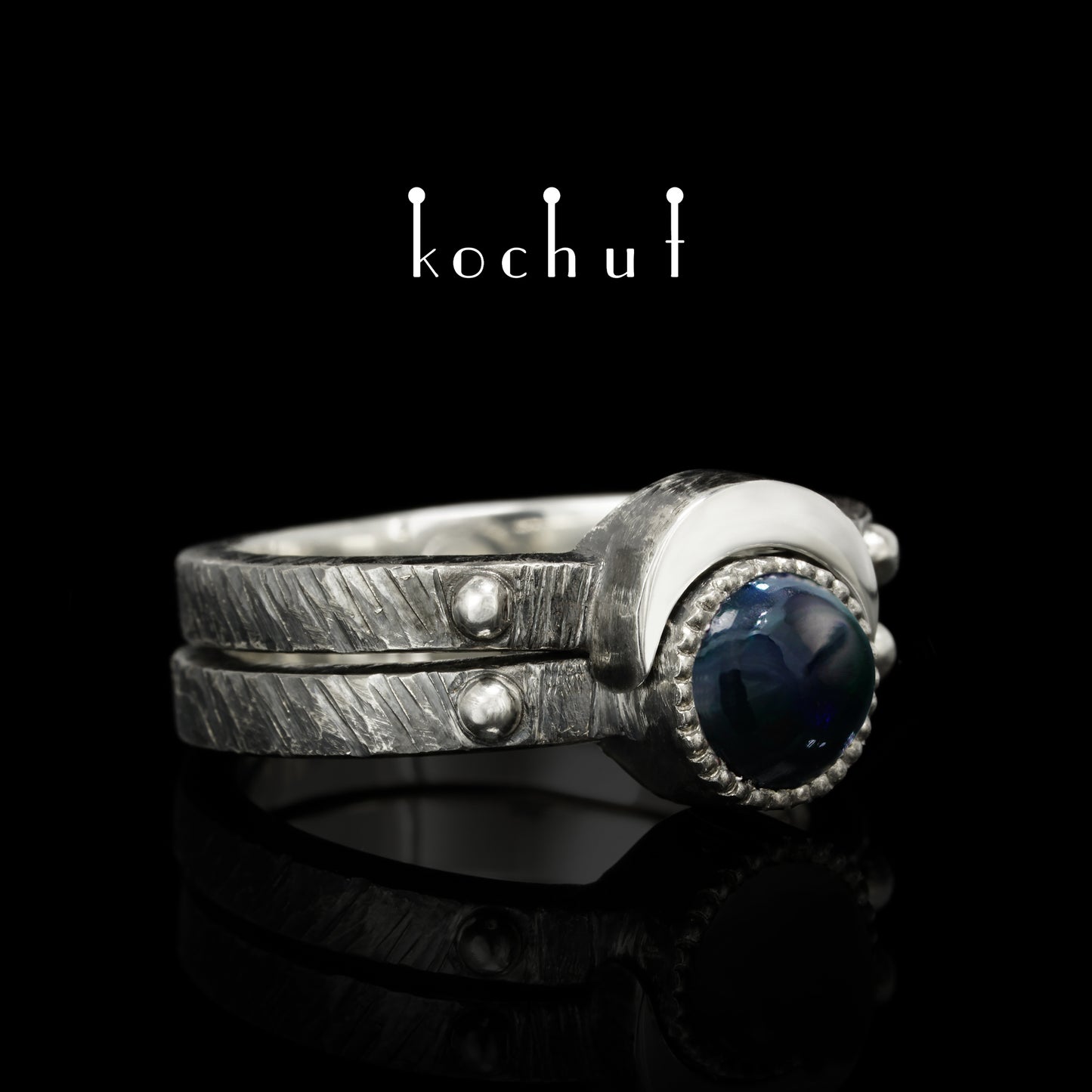 Mond-Duett — doppelter Ring aus oxidiertem Silber mit schwarzem Opal