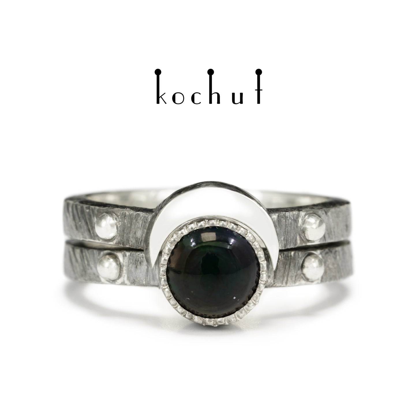 Mond-Duett — doppelter Ring aus oxidiertem Silber mit schwarzem Opal
