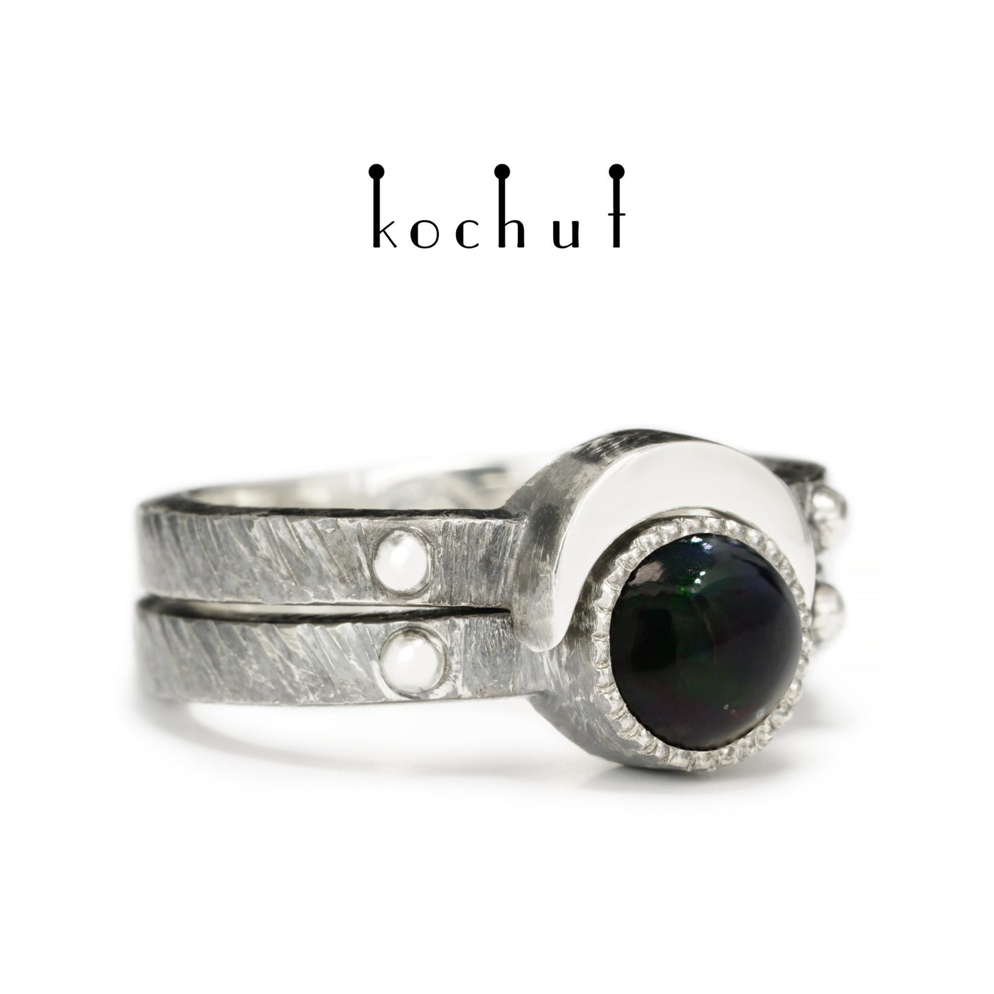 Mond-Duett — doppelter Ring aus oxidiertem Silber mit schwarzem Opal