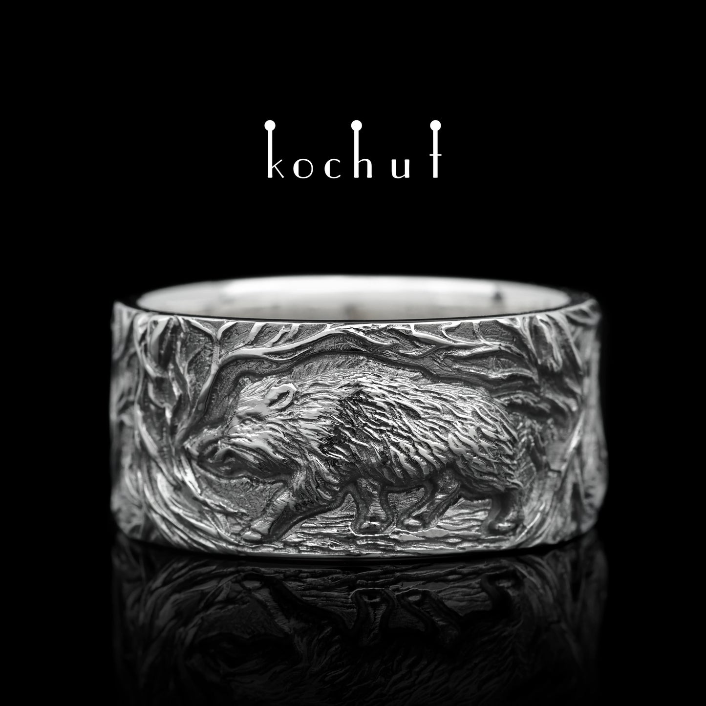 Wildschwein — silberner Ring mit schwarzem Rhodium