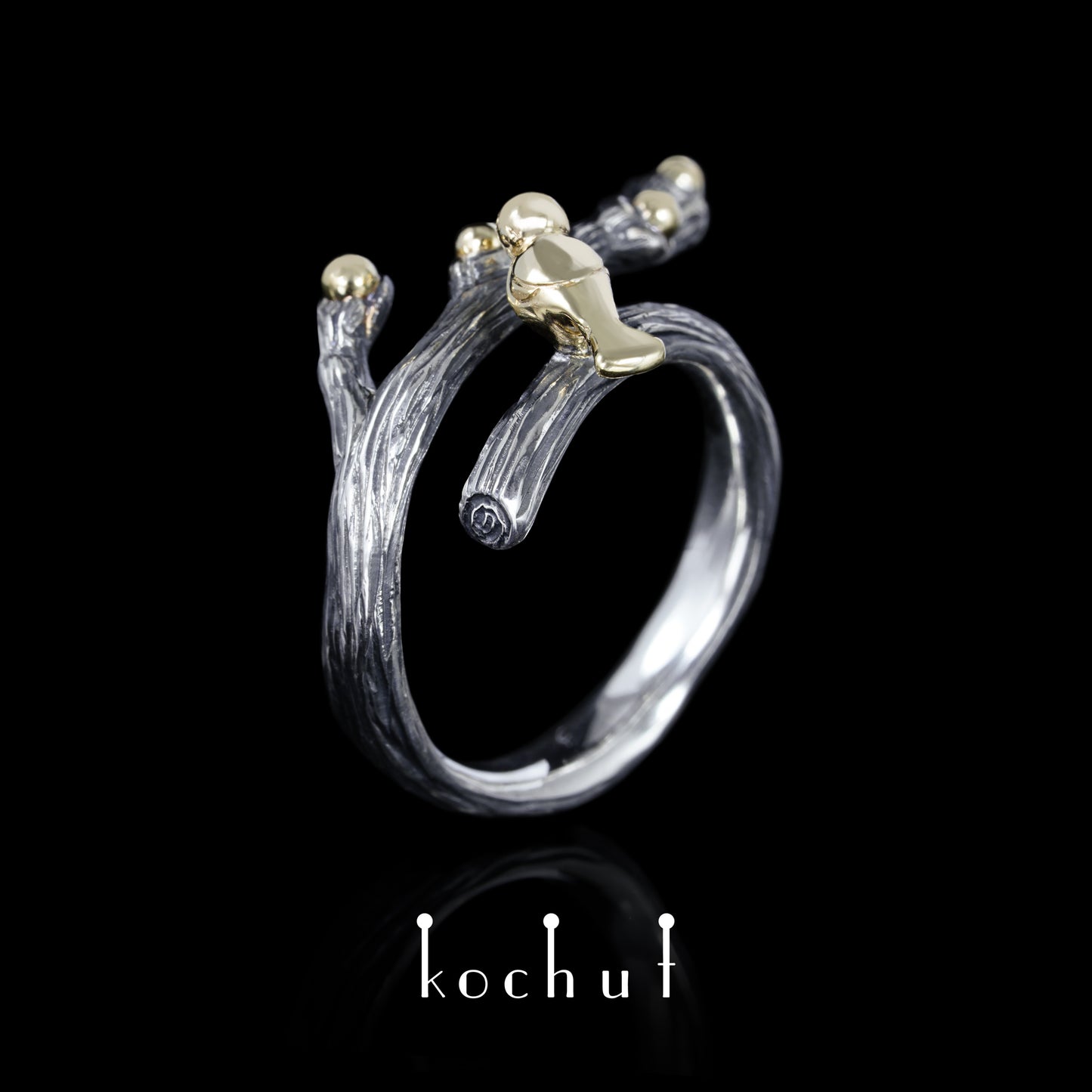 Vögelchen auf dem Zweig — Ring aus oxidiertem Silber und Gelbgold