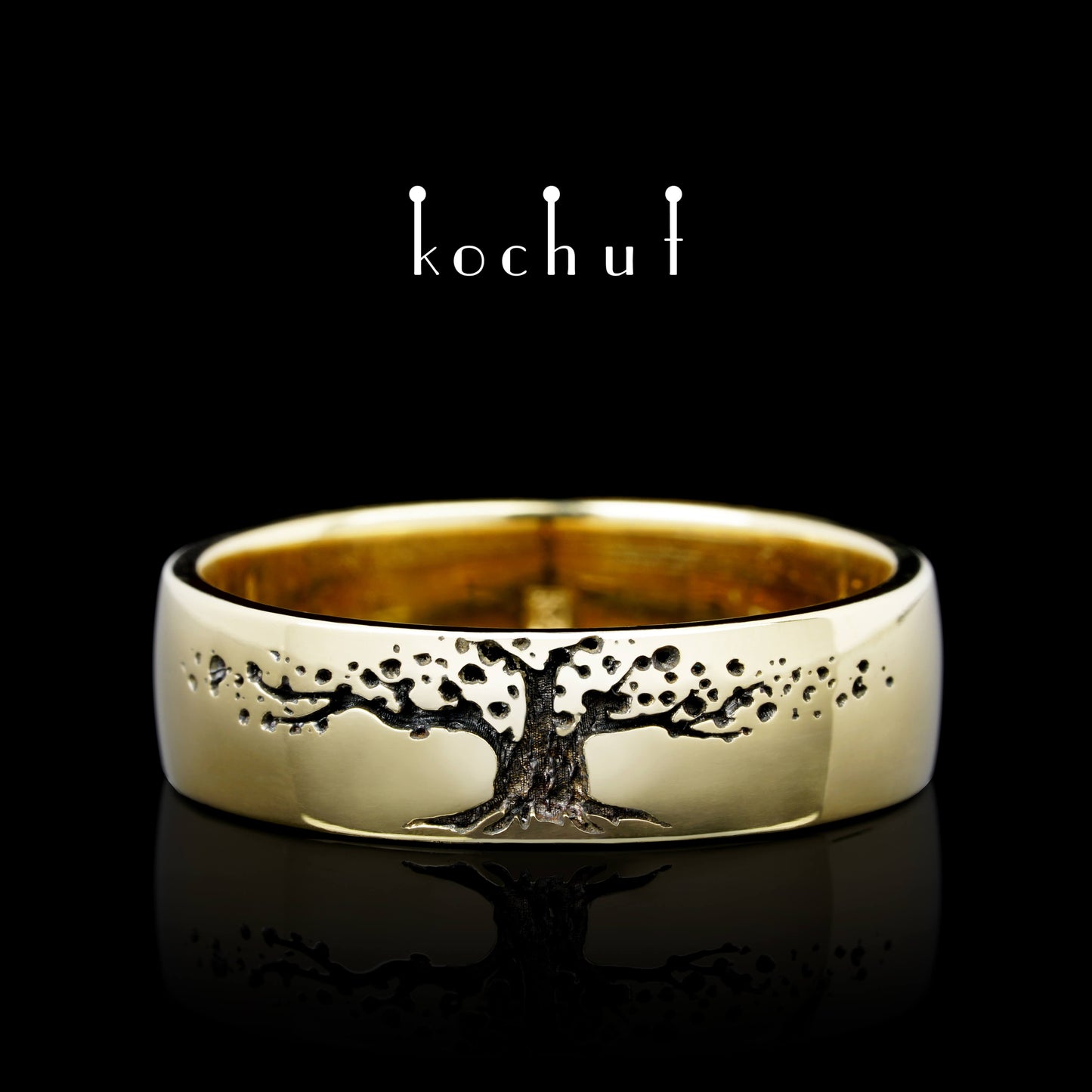 Baum des Lebens — Ehering aus Gelbgold mit schwarzem Rhodium beschichtet