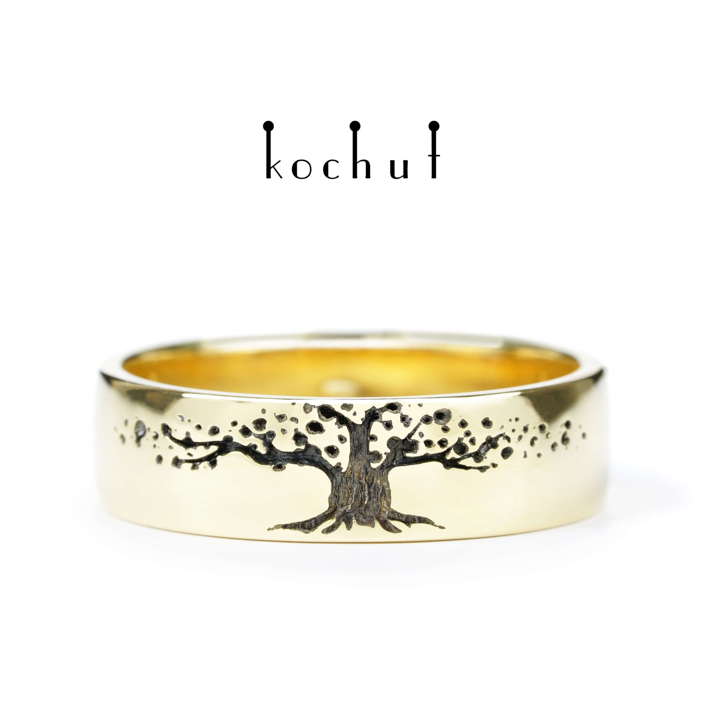 Baum des Lebens — Ehering aus Gelbgold mit schwarzem Rhodium beschichtet