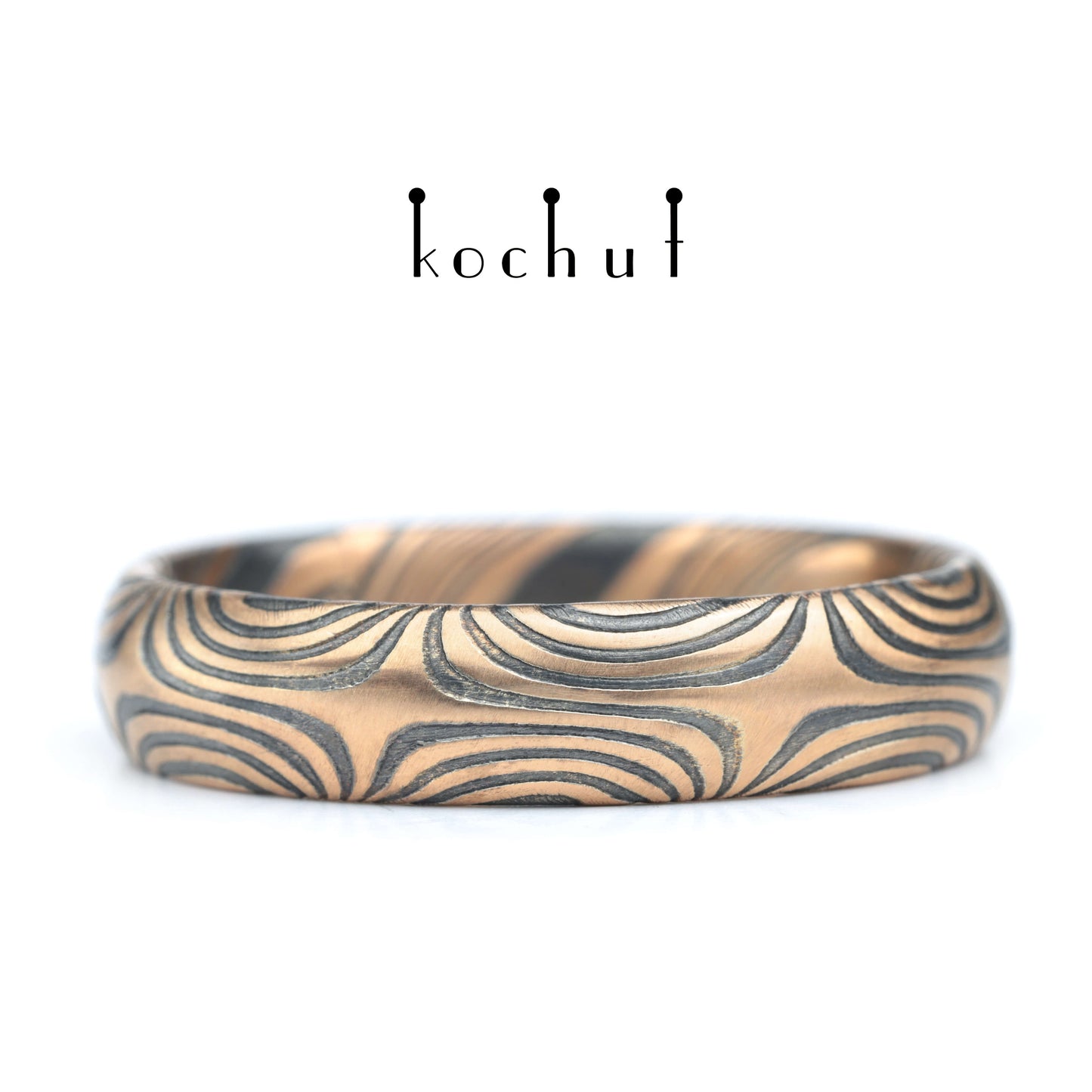 Orion — Mokume-Ehering aus Rotgold, graviert und oxidiertes Silber