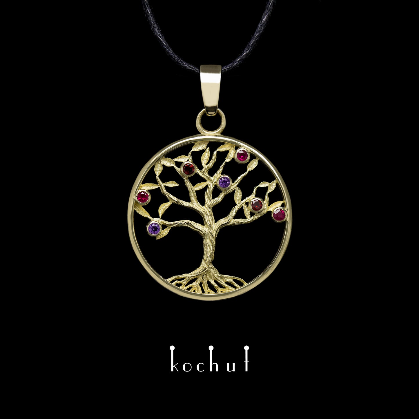 Baum des Lebens — Anhänger aus Gelbgold mit Rubinen, Amethysten und Granaten