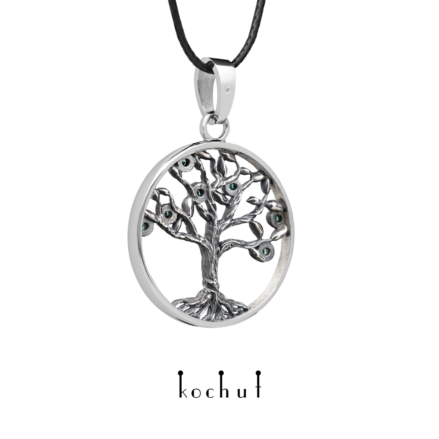 Baum des Lebens: Früchte — Anhänger aus oxidiertem Silber mit Smaragden