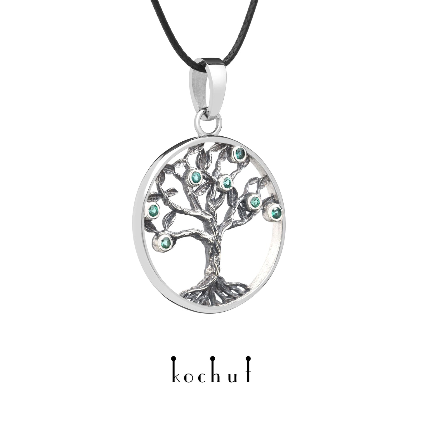 Baum des Lebens: Früchte — Anhänger aus oxidiertem Silber mit Smaragden