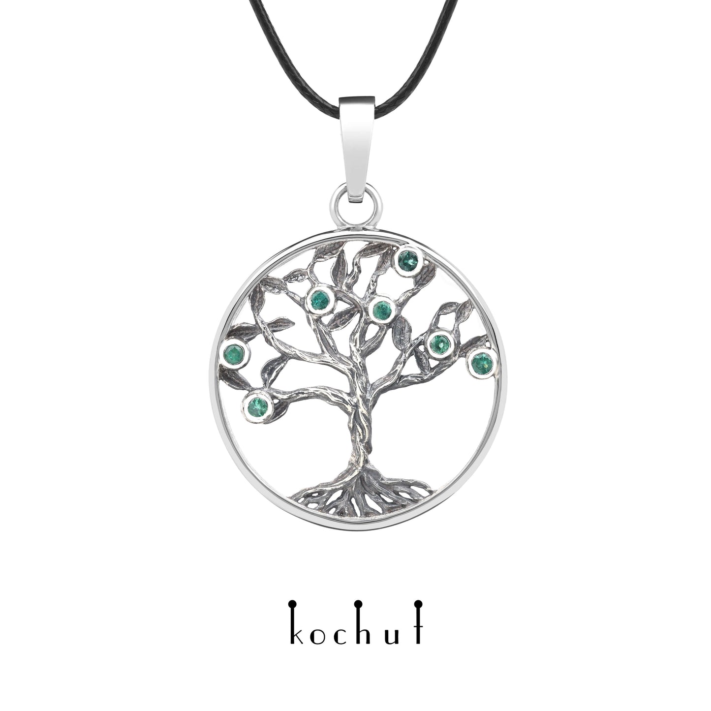 Baum des Lebens: Früchte — Anhänger aus oxidiertem Silber mit Smaragden