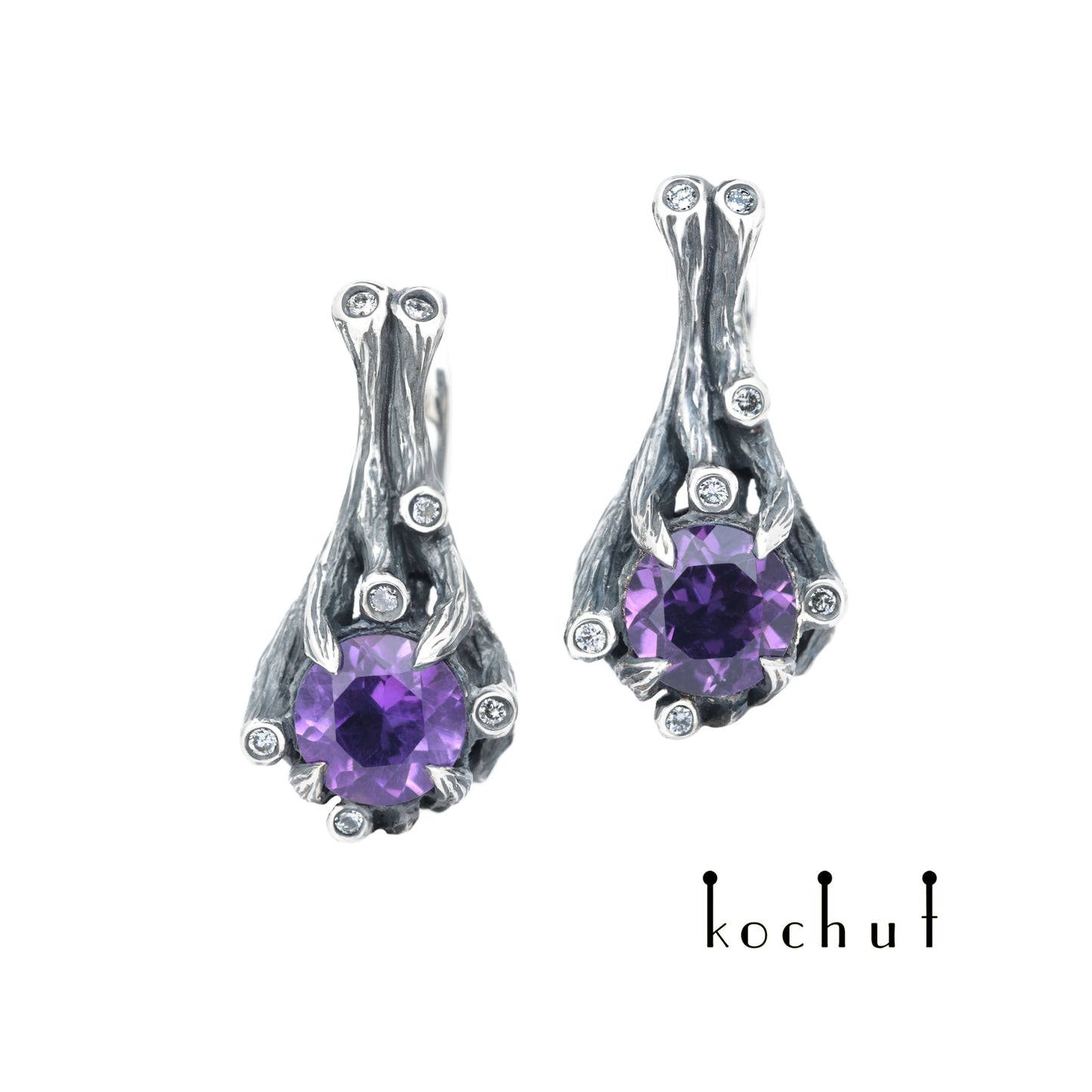 Verzauberter Wald — Ohrringe aus oxidiertem Silber mit Amethysten und Diamanten
