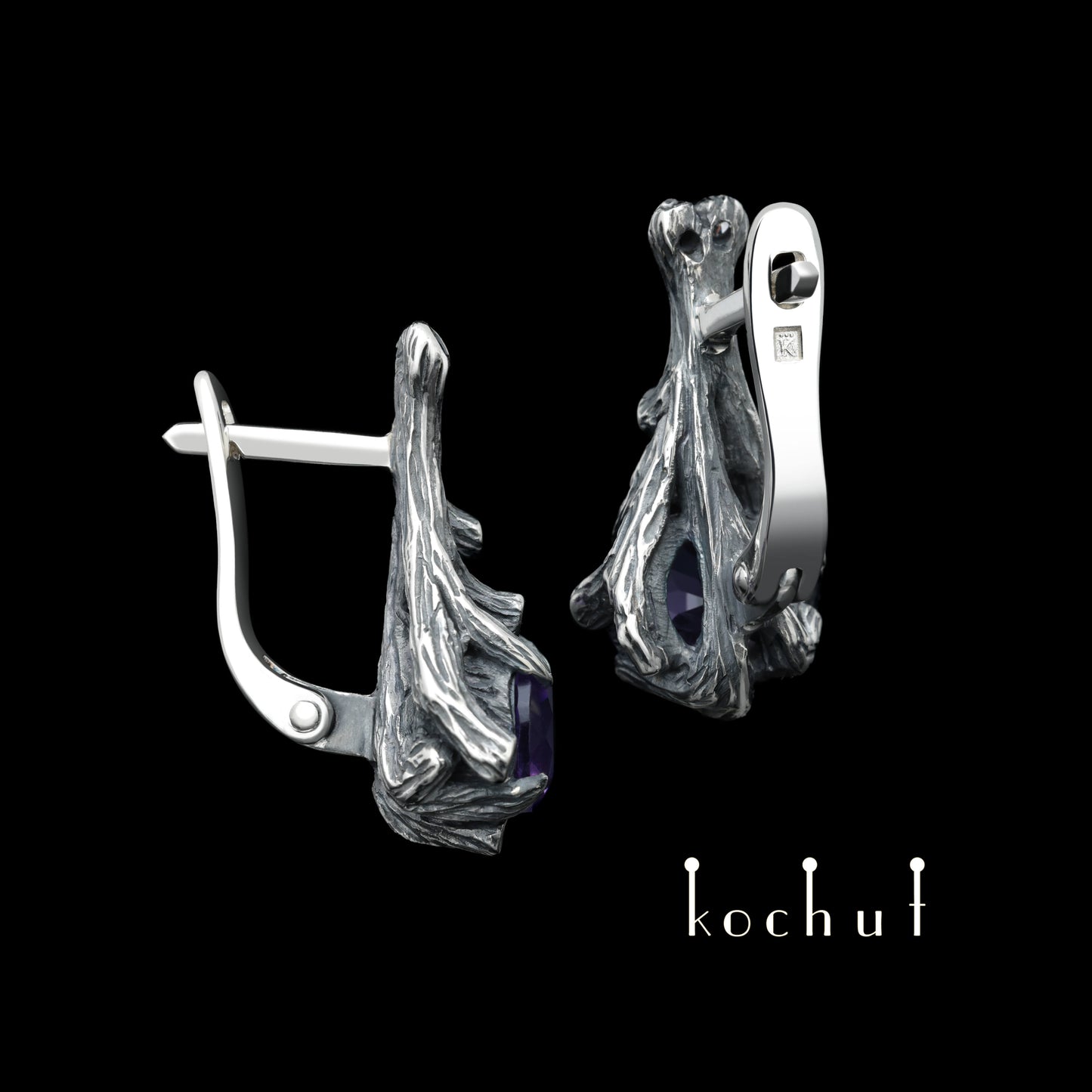 Verzauberter Wald — Ohrringe aus oxidiertem Silber mit Amethysten und Diamanten