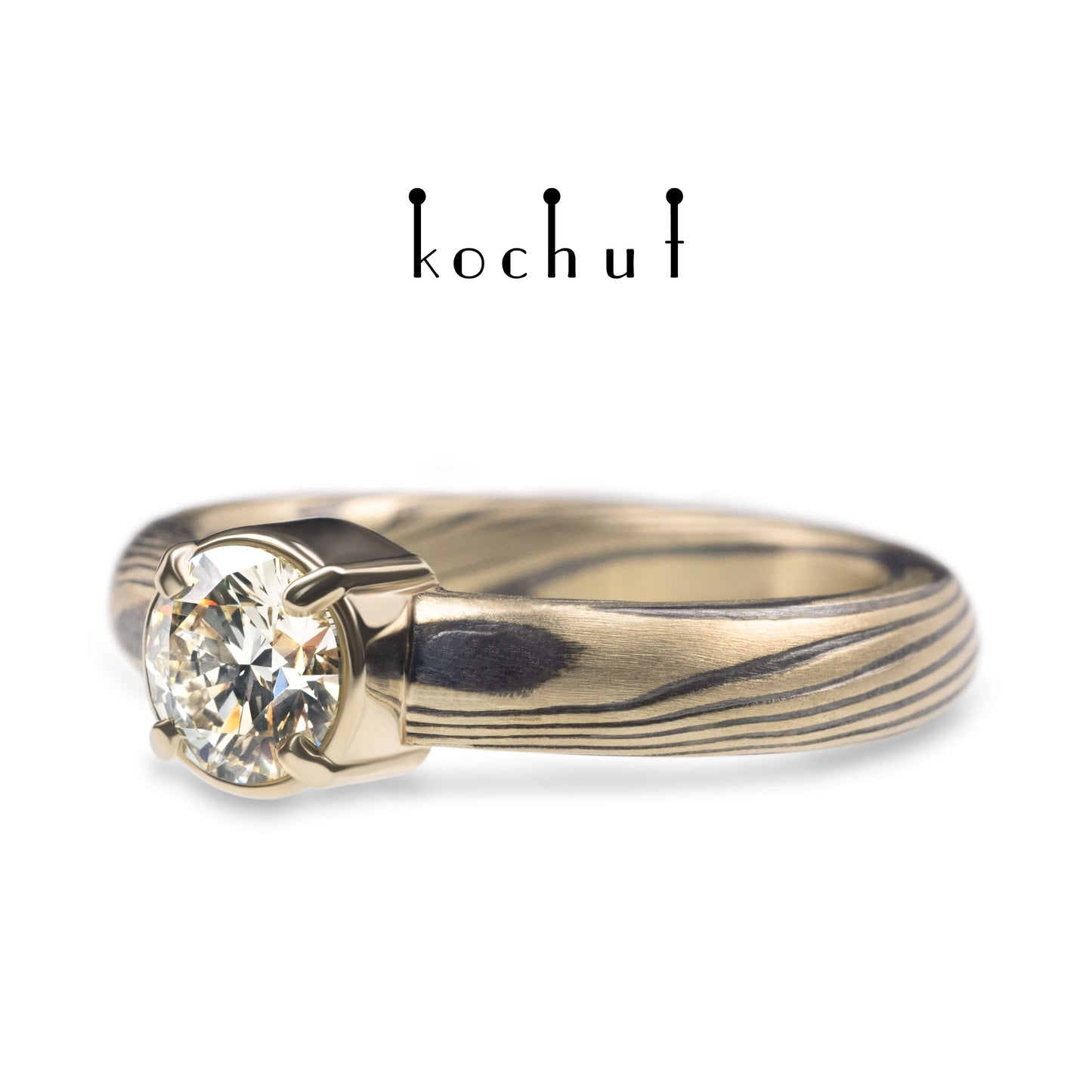 Haiku — Mokume-Ring aus Gelbgold mit graviertem und oxidiertem Silber sowie einem braunen Diamanten