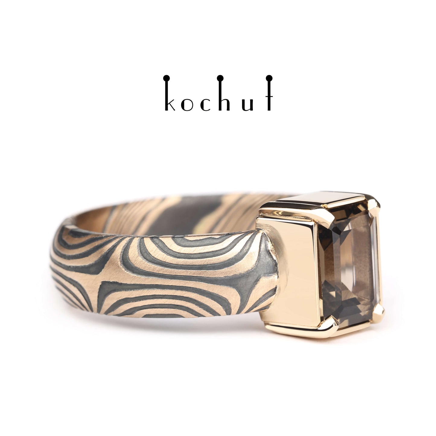 Wertvoller Astrolabium — Mokume-Ring aus Rotgold, graviert und oxidiertes Silber mit Rauchquarz