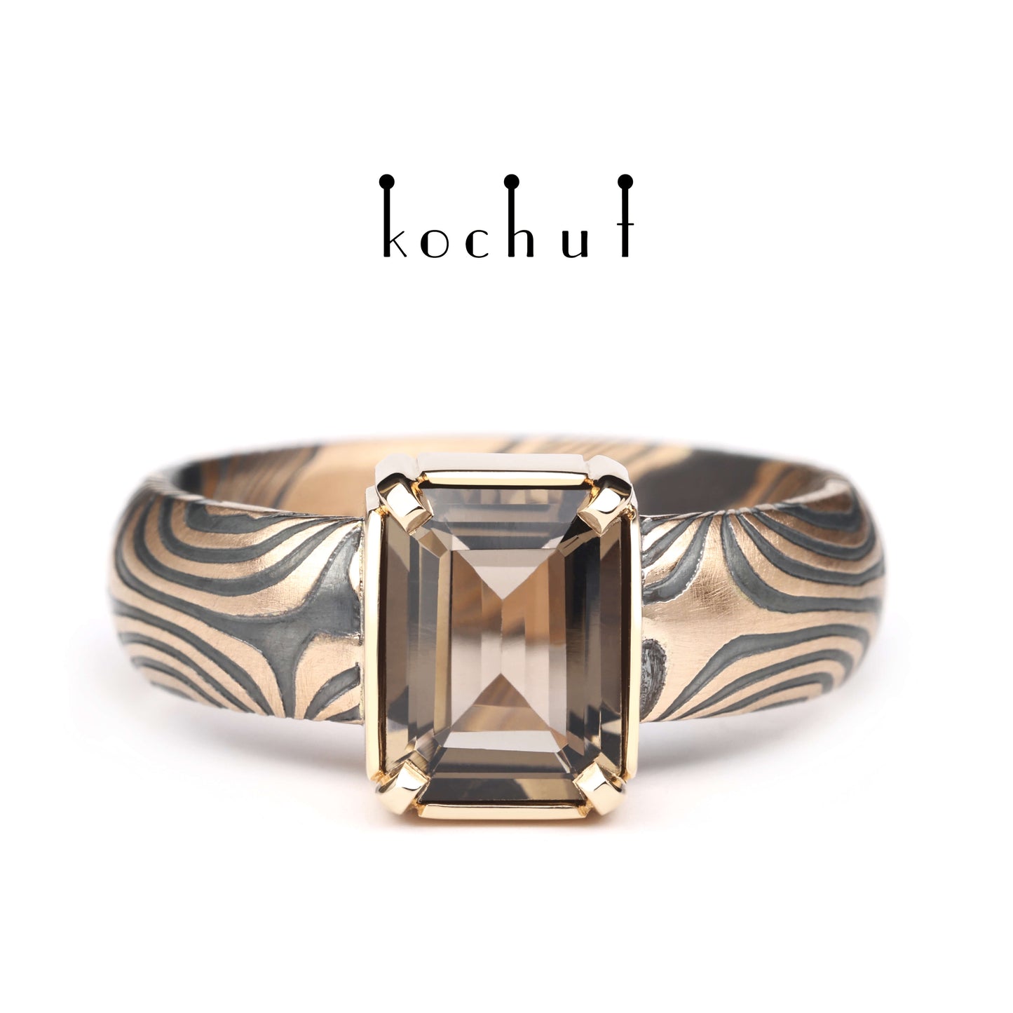 Wertvoller Astrolabium — Mokume-Ring aus Rotgold, graviert und oxidiertes Silber mit Rauchquarz