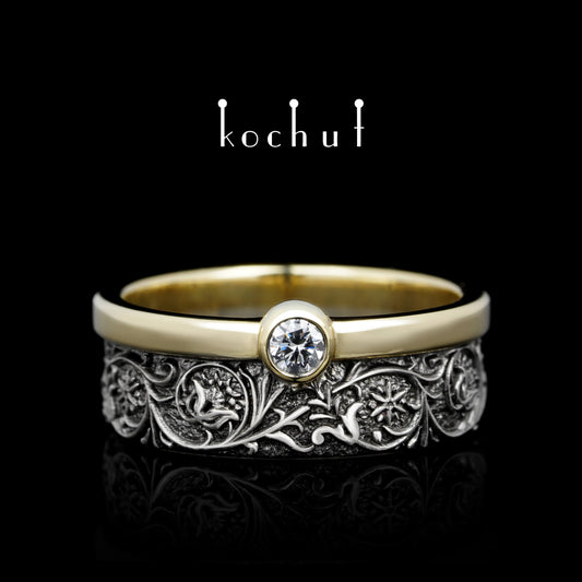 Harmonie der Natur — Ehering aus Silber und Gelbgold mit einem Diamanten, beschichtet mit schwarzem Rhodium