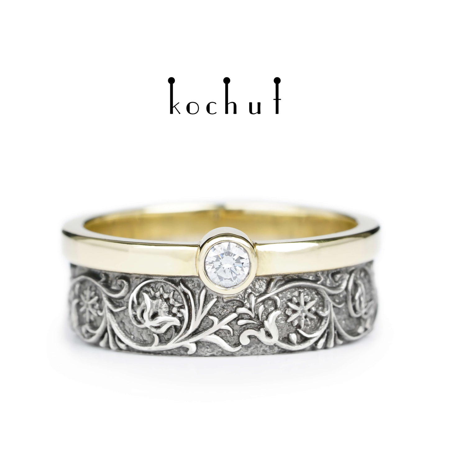 Harmonie der Natur — Ehering aus Silber und Gelbgold mit einem Diamanten, beschichtet mit schwarzem Rhodium