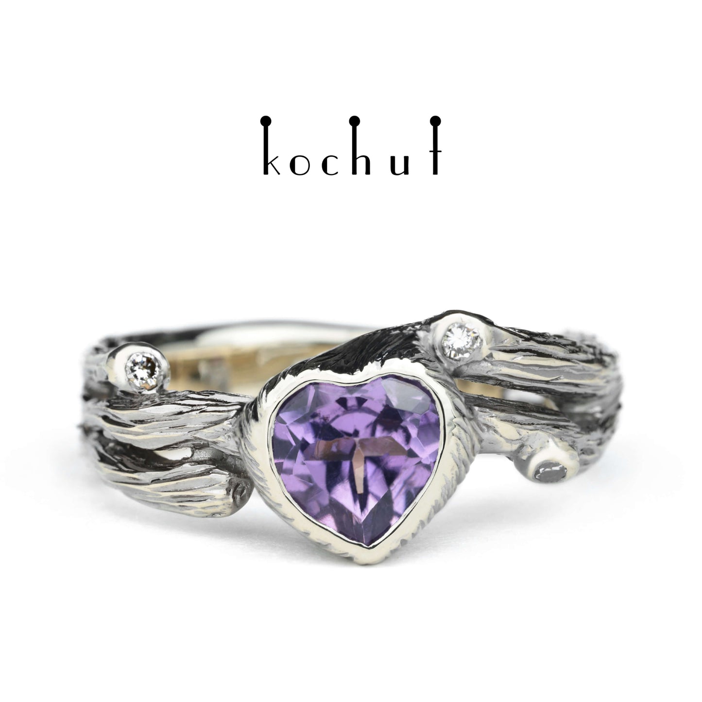 Herz des Waldes — Ring aus Weißgold mit Amethyst und Diamanten, beschichtet mit schwarzem Rhodium