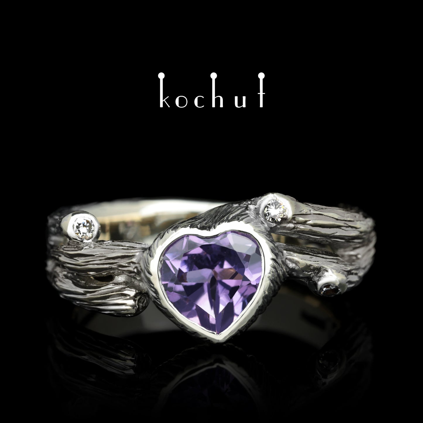 Herz des Waldes — Ring aus Weißgold mit Amethyst und Diamanten, beschichtet mit schwarzem Rhodium