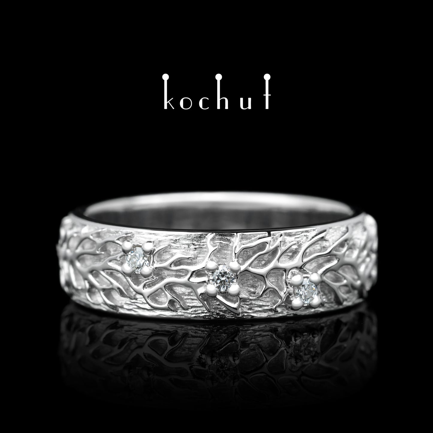 Wald — Ehering aus Weißgold mit Diamanten, platiert mit weißem Rhodium