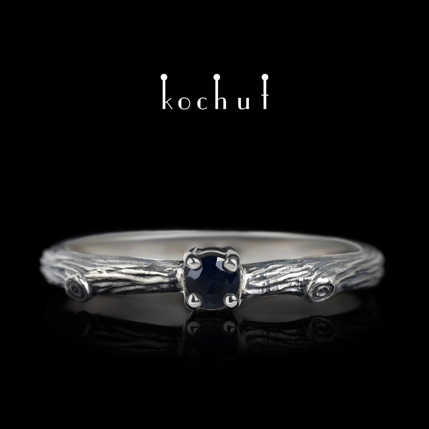 Zerbrechlicher Zweig — Ring aus oxidiertem Silber mit Saphir