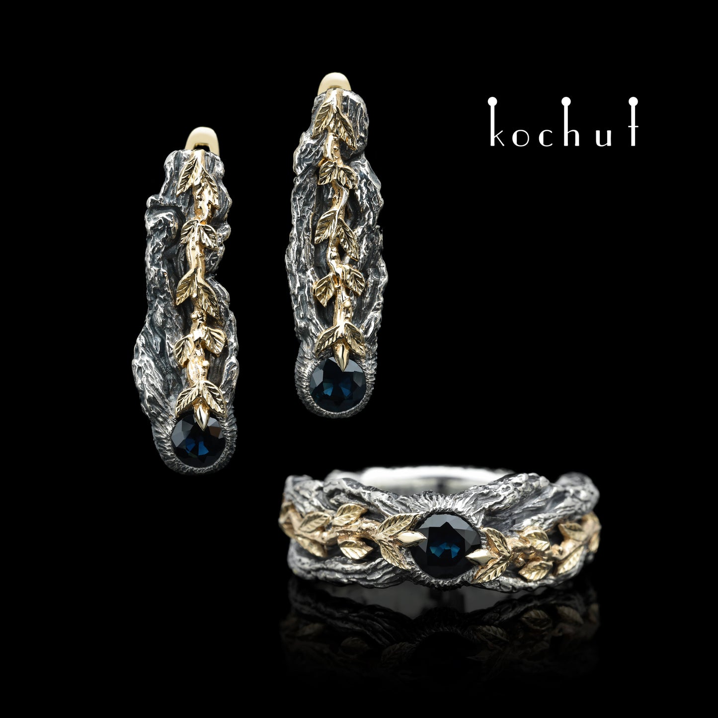 Lebenskraft — Set aus oxidiertem Silber und Gelbgold mit Saphiren